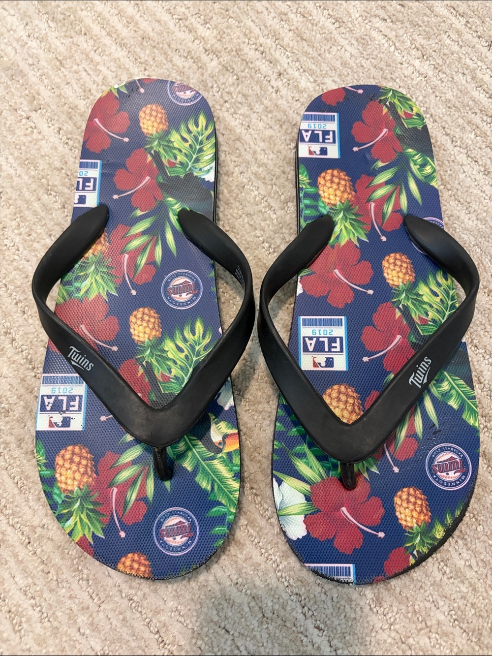 MLB Minnesota Twins Navy Blue Floral Pineapple Flip Flops